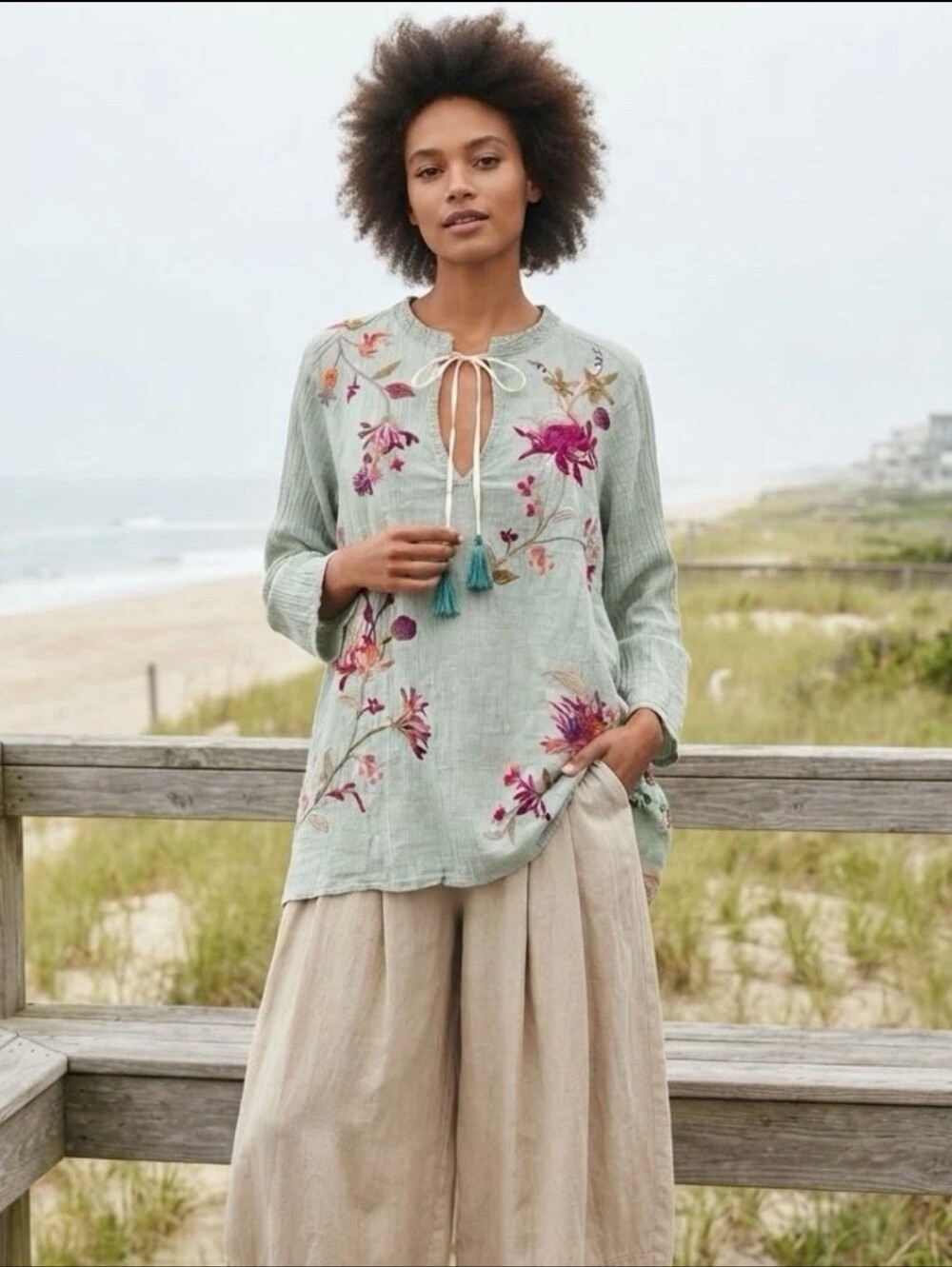 Johnny Was Sage Green Embroidered Peasant Blouse with Tassel Tie
